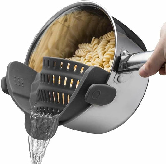 SparkAndSurprises™ Silicone Clip-On Pot Strainer – Heat-Resistant (Grey)