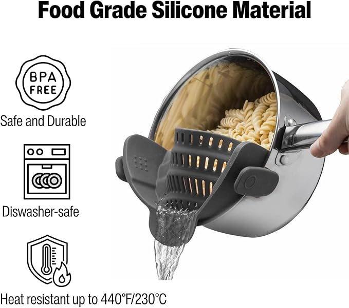 SparkAndSurprises™ Silicone Clip-On Pot Strainer – Heat-Resistant (Grey)