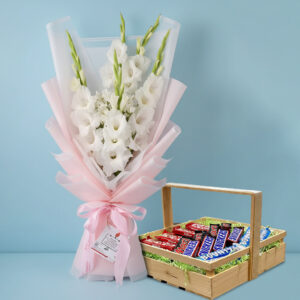 White Pastel Bouquet with Chocolate Delight Basket